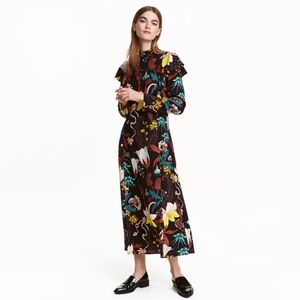 H&M Black Floral Ruffle Midi Length Dress